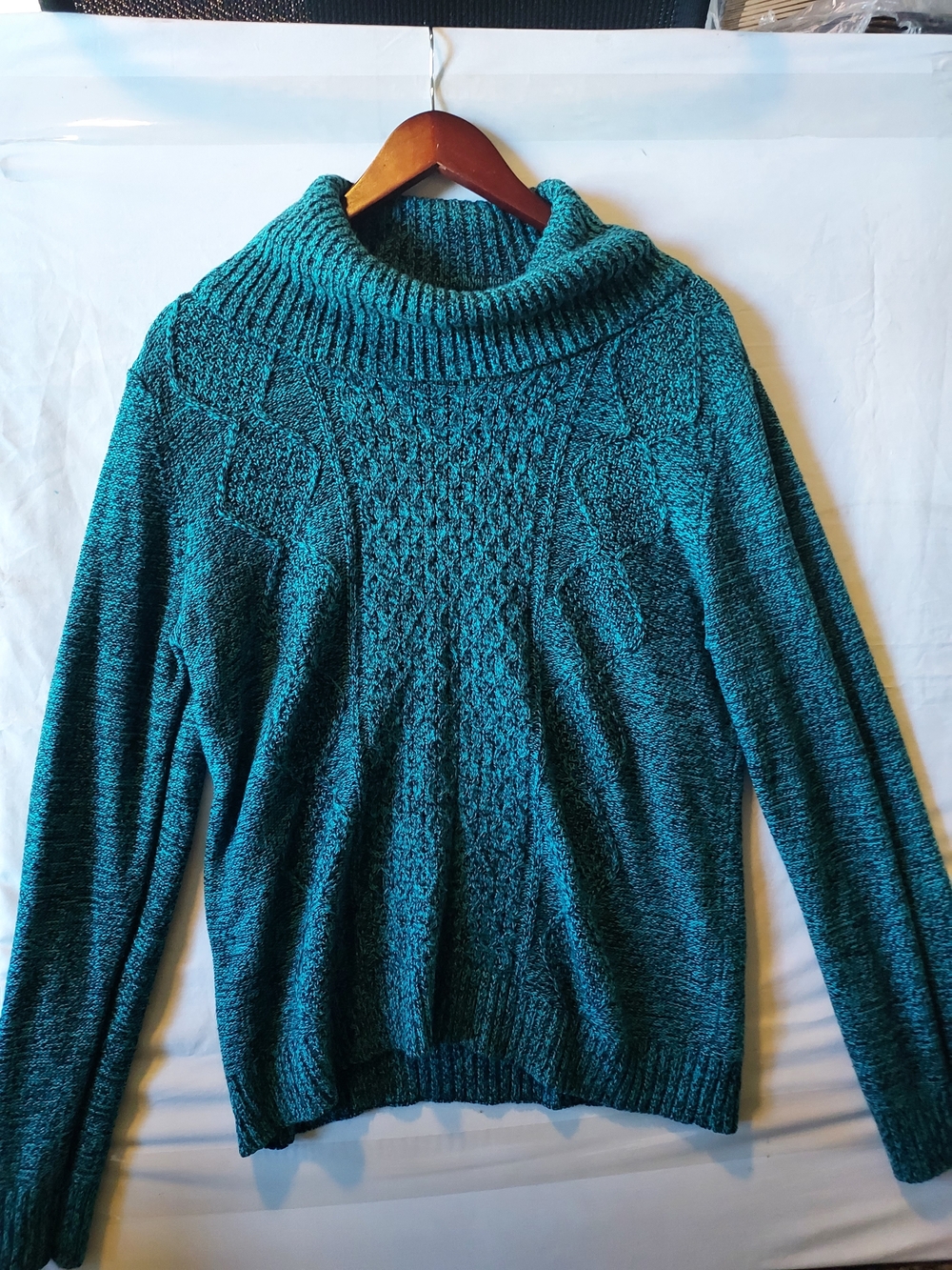 Teal Cable-Knit Cowl Neck Sweater - Women's